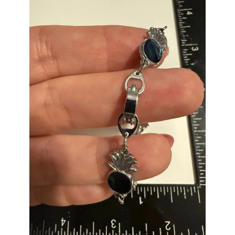 Silver Tone Blue Pineapple Bracelet Tropical Cabochon Fold Over Clasp 7.25in